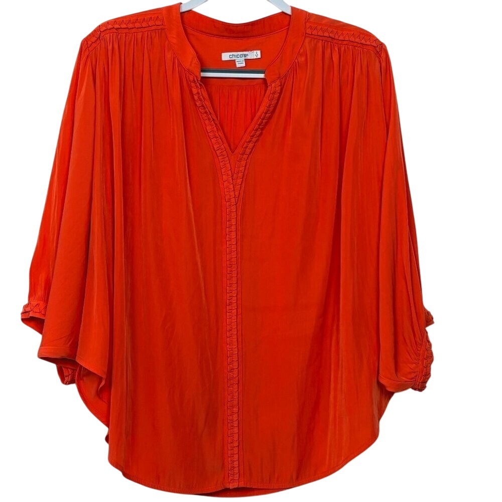 Chico's Pleated Ruffle Blouse Size 2 L Orange Excellent
